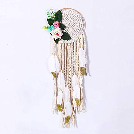 AWAYTR Handmade Boho Dream Catcher - White Gold Feather Dream Catchers with Flowers for Wall Hanging Decoration Wedding Ornament (Round Beige)