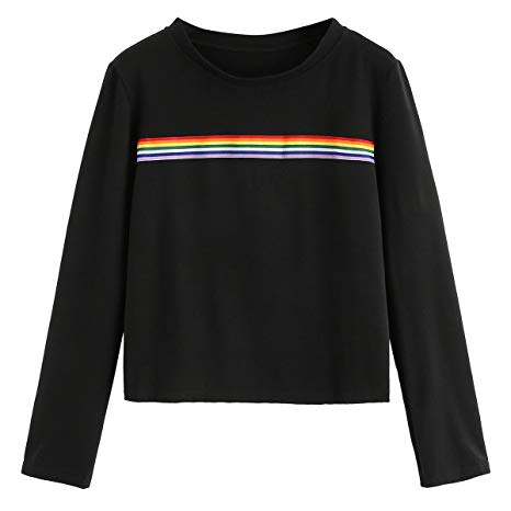 Romwe Women's Long Sleeve Summer Rainbow Color Block Striped Crop Top School Girl Teen Tshirts