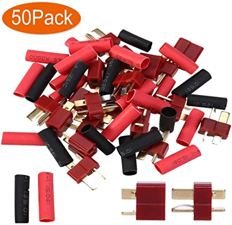 25 Pair Ultra T Plug Connectors Deans Style Male and Female Connectors for RC Li-Po Battery with 50pcs Shrink Tubing