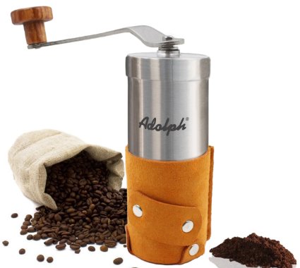 Adolph Premium Portable Manual Coffee Grinder with Authentic Leather Wrapped - Hand Crank Coffee Mill with Adjustable Ceramic Conical Burr - Top Grade
