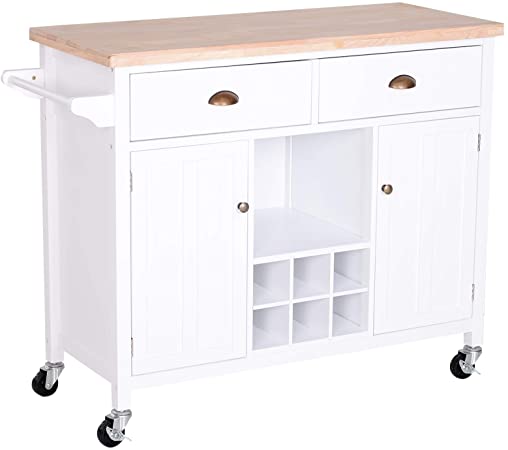 HOMCOM Kitchen Island Utility Cart on Wheels with Large Counter, 2 Spacious Drawers & Storage Cabinets, Wine Storage, White