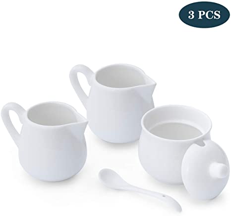 8 OZ Porcelain Sugar and Creamer Set Serving for Coffee Tea, White Cream Pitcher 2 Pack & Sugar Bowl with Lid Spoon
