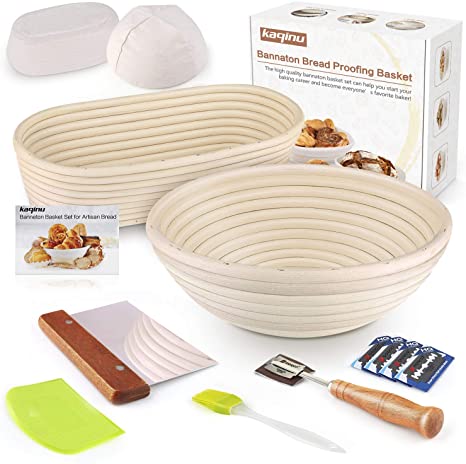 Bread Proofing Basket - KAQINU 10 Inch Oval &10 Inch Round Banneton set, Sourdough Proofing Basket with Dough Scraper, Bread Lame, Brotform Cloth Liner, Basting Brush for Professional & Home Bakers