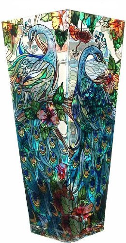Amia 10-Inch Tall Hand-Painted Glass Vase Featuring a Peacock Design