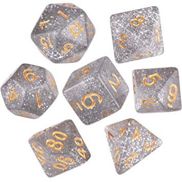 eBoot Polyhedral 7-Die Dice Set for Dungeons and Dragons with Black Pouch (Translucent Silver Glitter)