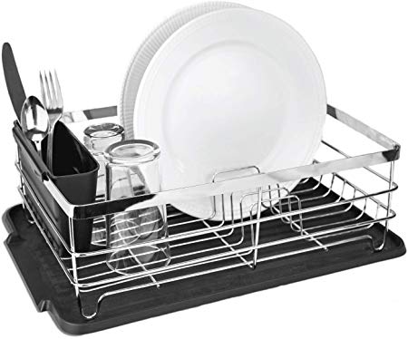 Cuisinart 3-piece Stainless Steel Dish Drying Rack, Set includes Wire Dish Drying Rack, Utensil Caddy, and Detachable Dish Draining Board, 17.3” x 12.5” x 5.6”- Stainless Steel/Black