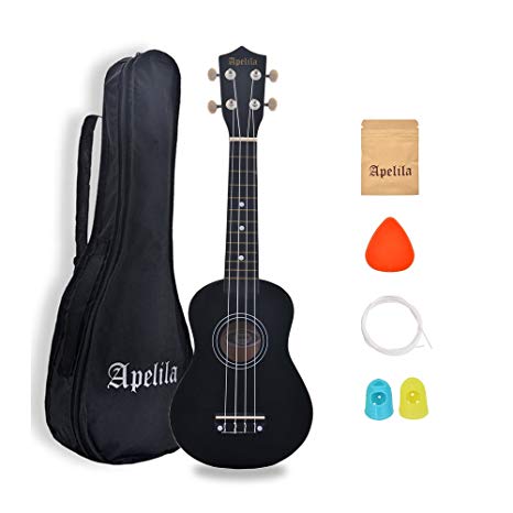 Apelila 21 inch Soprano Ukulele Acoustic Mini Guitar Musical Instrument with Bag, Pick, Strings, for Beginner, Kid, Starter, Amateur (Black)