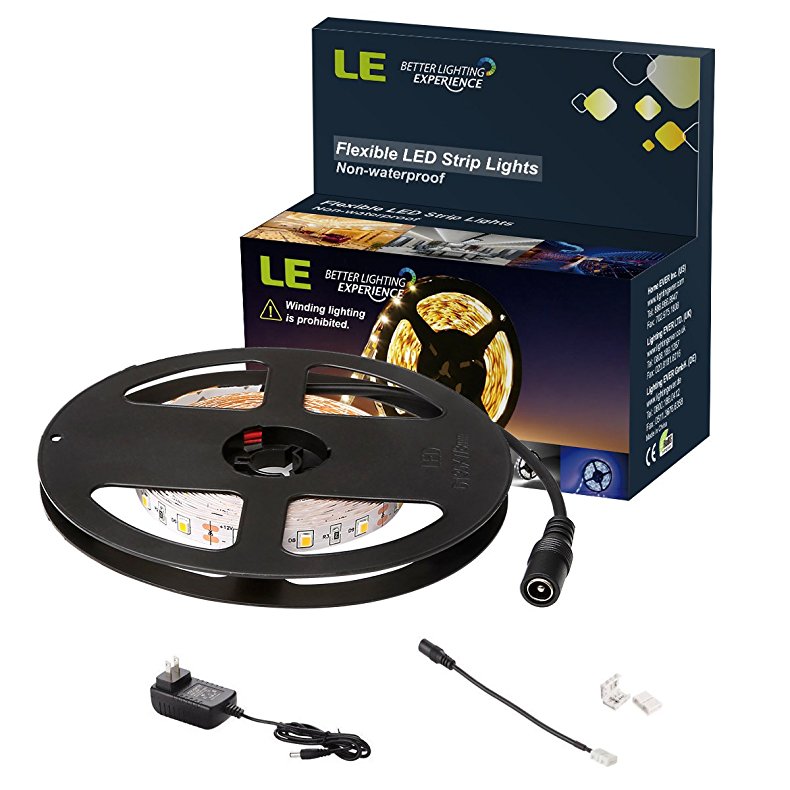 LE 12V 16.4ft Flexible LED Light Strip, LED Tape, 3000K Warm White, 300 Units SMD 2835 LED, LED Ribbon, Non Waterproof, For Home/Kitchen/Car/Bar, Power Adapter Included