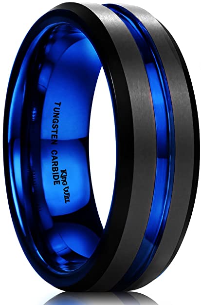 King Will DUO Mens 7mm Black Matte Finish Tungsten Carbide Ring Blue Beveled Edge Wedding Band W 1/2