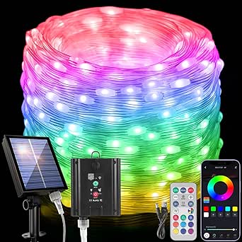 Solar Smart Fairy Lights 49FT/15M [APP & Remote Control], 150 LEDs RGB-IC String Lights, 99  Modes & Music/Voice Sync Color Change, Waterproof String Lights for Courtyard, Party, Holiday