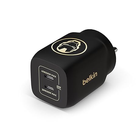 Belkin X Marvel, Ironman Edition, 65W GaN Dual USB-C PD 3.0 Fast Charger with PPS Technology, Compact Size for Type-C Supported Devices - Black & Gold