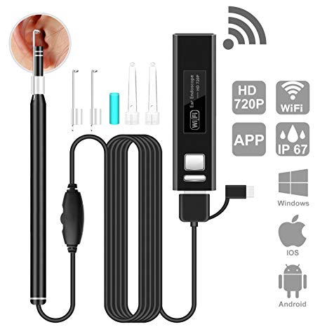 Ear Endoscope WiFi, HEYSTOP Wireless Digital Ear Cleaning Waterproof Otoscope Inspection Camera Portable HD Borescope with Earpick for IOS and Android Smartphones Windows MAC