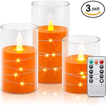 Aignis Flickering Flameless Candles Battery Operated Candles Recessed String Light LED Unbreakable Plexiglass Candles with Remote Timer 3D Flame Set of 3 Orange (D3 xH4 5" 6")