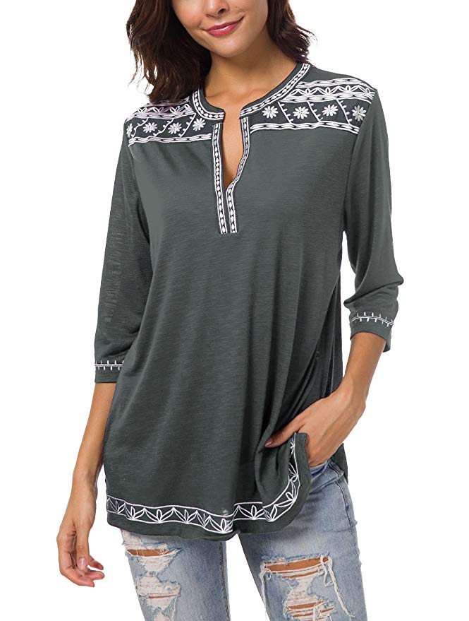 Women's 3/4 Sleeve Boho Shirts Embroidered Peasant Top