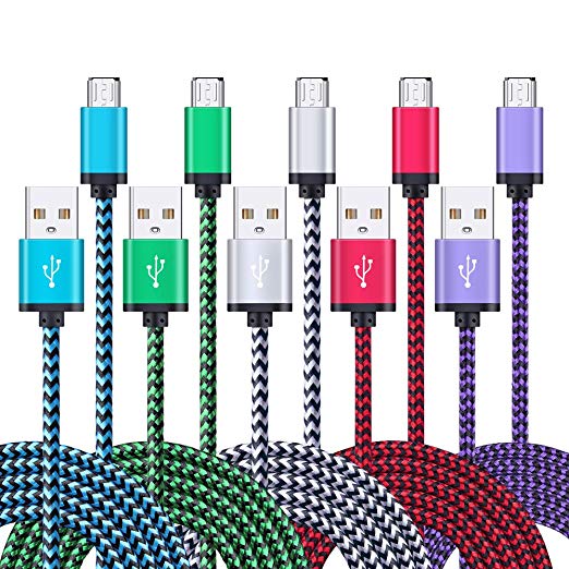 Micro USB Charger, FiveBox 5-Pack 6FT Nylon Braided Phone Cable Fast Charging Cord Compatible Kindle Fire 7 8 10, Samsung Galaxy S2 S3 S4 S6 S7 Edge, Note 2 4 5, and More