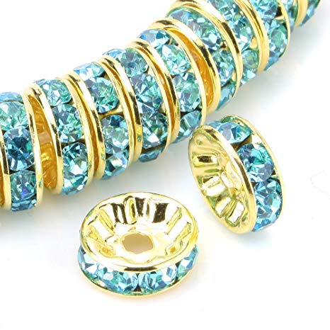 RUBYCA 100pcs Round Rondelle Spacer Bead Gold Tone 10mm Aquamarine Blue Czech Crystal