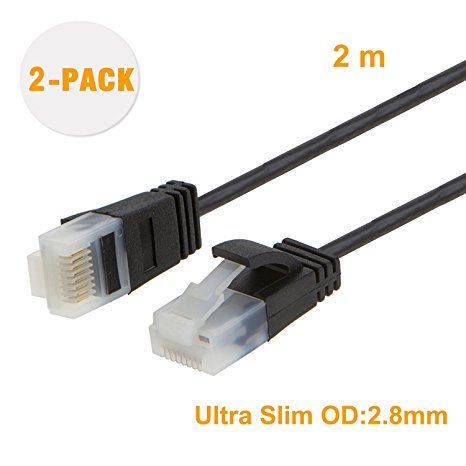 CableCreation (2-PACK) Ultra Slim RJ45 Cat6A Ethernet Patch Cable, 50U” Gold Plated Contact &,UTP Network Cable Up to 10 Gigabit, Band Width:500MHZ, Low Profile Plug, 6.6ft/2m