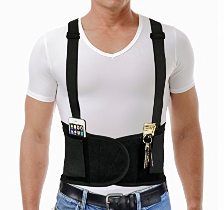 Back Brace Lumbar Support – Back Pain Relief Belt With Quick Fastening Velcro, Adjustable Suspenders And Easy Accessible Pockets On Both Sides For Securing Your Phone And Ipod.