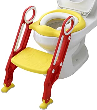 Mangohood Potty Training Toilet Seat with Step Stool Ladder for Boys and Girls Baby Toddler Kid Children Toilet Training Seat Chair with Handles Padded Seat Non-Slip Wide Step (Red Yellow)
