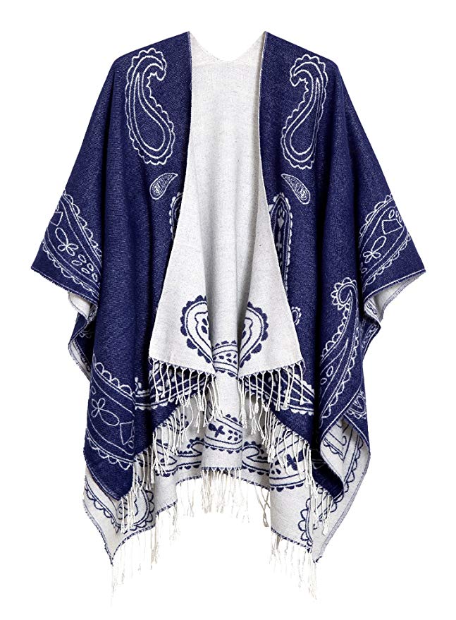 Urban CoCo Women's Printed Tassel Open front Poncho Cape Cardigan Wrap Shawl