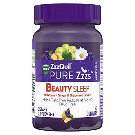 Vicks ZzzQuil Pure Zzzs Beauty Sleep Melatonin Gummies Sleep Aid with Ginger, Grape Seed Extract, Chamomile, Lavender, 42 Count