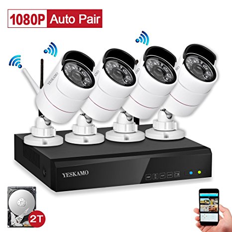 YESKAM Security Camera System 1080P HD Wireless IP Cameras and 4 Channel NVR Recorder with Motion Activated Mobile App Remote View for Outdoor Waterproof Home Surveillance with 2TB Hard Drive