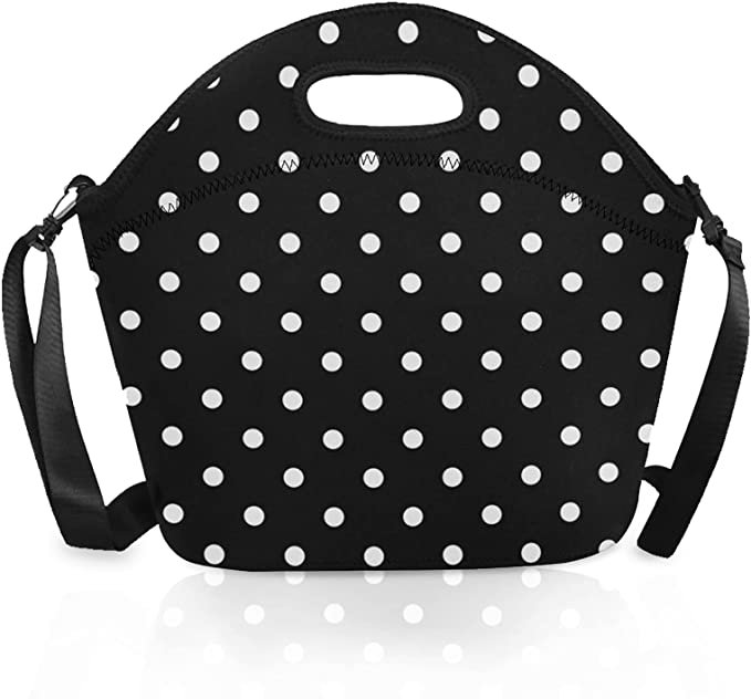 Black And White Polka Dot Neoprene Insulated Lunch Box Bag Tote With Detachable Adjustable Shoulder Strap For Women Kids Girls Men Teen Boys