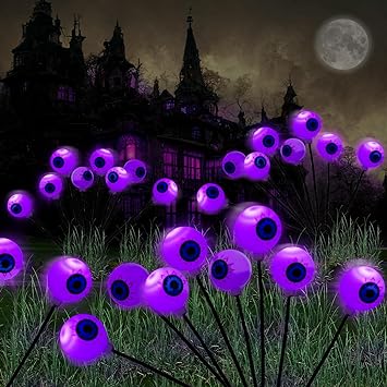 4 Pack-32LEDs Halloween Decorations Outdoor Lights - Solar Halloween Scary Eyeball Pathway Lights Swaying by Wind, Waterproof Solar Halloween Stake Lights for Garden Porch Lawn Pathway (Purple)