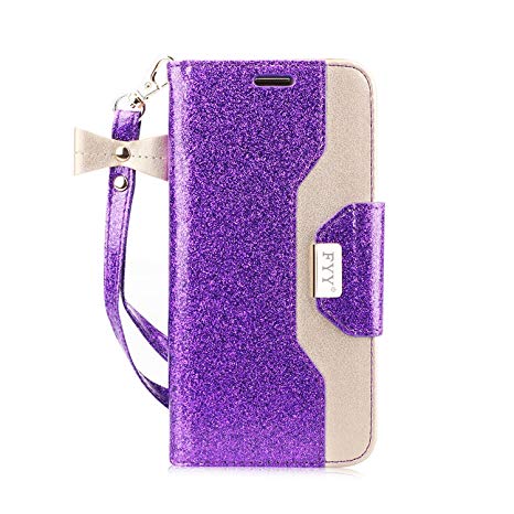 FYY Case for iPhone 8/iPhone 7, [RFID Blocking wallet] [Makeup Mirror] Premium PU Leather Wallet Case with Cosmetic Mirror and Bow-knotStrap for iPhone 7/8 Purple Gold