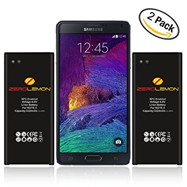 ZeroLemon Note 4 Battery, [2-pack] Galaxy Note 4 3220mAh Slim Battery with NFC for Galaxy Note 4 [N910, N910U LTE, AT&T N910A, Verizon N910V, Sprint N910P, T-Mobile N910T]