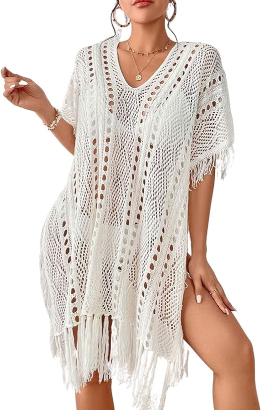 Bsubseach Women Crochet Cover Up Summer Sexy Hollow Out Bathing Suit Cover Ups Knit Bikini Beach Dress with Tassel