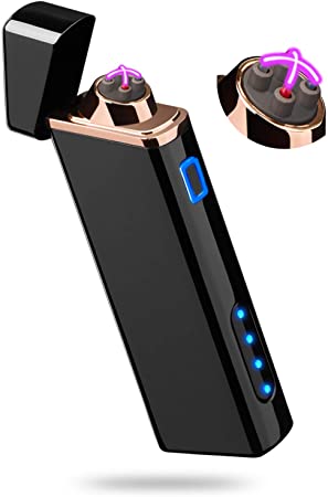 Lighter, Electric Arc Lighter USB Rechargeable Windproof Flameless Lighter Plasma Lighter with Battery Indicator (Upgraded) for Fire, Cigarette, Candle - Outdoors Indoors (Bright-Black)