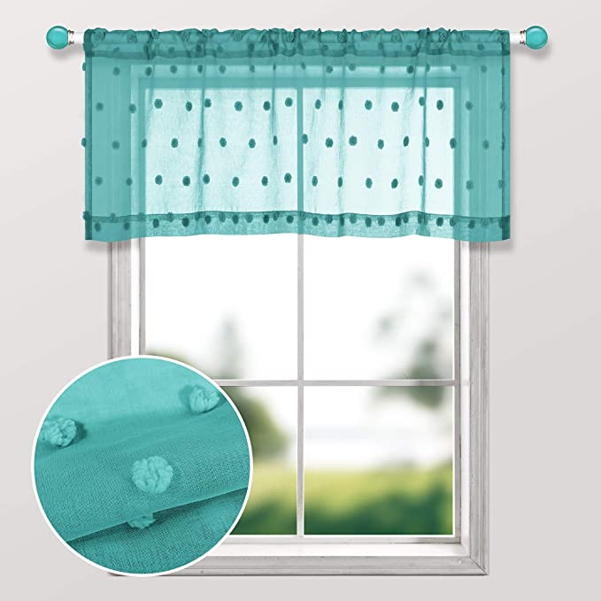 Teal Valances for Bathroom Set 1 Panel Rod Pocket Pom Pom Dot Textured Curtain Valance Toppers Pretty Cute Beach Coastal Sheer Valances for Bedroom Girls Room Bay Windows Living Decor 52 x 18 Length