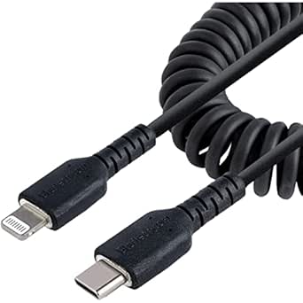 StarTech.com 20in / 50cm USB C to Lightning Cable, MFi Certified, Coiled iPhone Charger Cable, Black, Durable TPE Jacket Aramid Fiber, Heavy Duty Coil Lightning Cable (RUSB2CLT50CMBC)