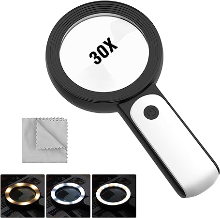 MoKo Magnifying Glass with Light, 30X Handheld Large Magnifying Glass 18LED 3 Modes Illuminated Lighted Magnifier for Elderly Kids Reading, Magazines, Coin, Jewelry, Exploring Inspection, Black