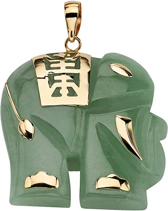 14K Yellow Gold Genuine Green Jade Good Luck Elephant Charm Pendant (33mm)