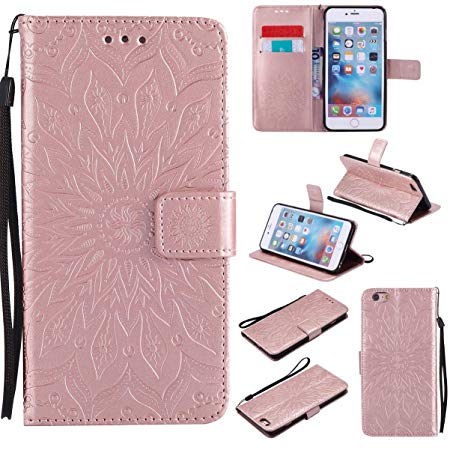 iPhone 6S Plus/ 6 Plus Case,Pu Leather Shockproof Magnetic Cover Flip Stand Wallet Card Holder Lightweight Bumper Folding Case Xmas Birthday Gift for Girl for Apple iPhone 6S Plus -Sunflower Rose Gold