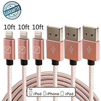 Aonsen 3Pack 10FT Charging Cable Cord Nylon Braided 8 Pin to USB Lightning Cable Charger Cord for iPhone 7/SE/5/5s/6/6s/6 Plus,iPad Air/Mini,iPod,Compatible with iOS10(Rose-Gold)
