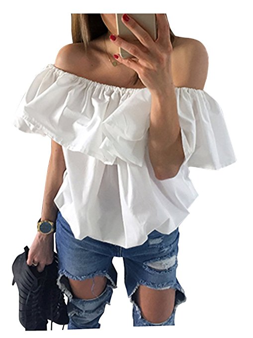 Simplee Apparel Women's Off the Shoulder Ruffles Cotton Crop Top Tube Blouse