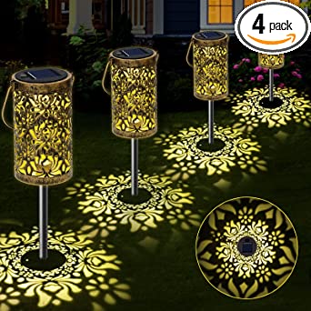 Solar Lights Outdoor Garden, 4 Pack LED Solar Pathway Lights Bright Metal Retro Waterproof, Outside Decorative Rose Hanging Lanterns Solar Powered for Path Lawn Patio Yard Walkway