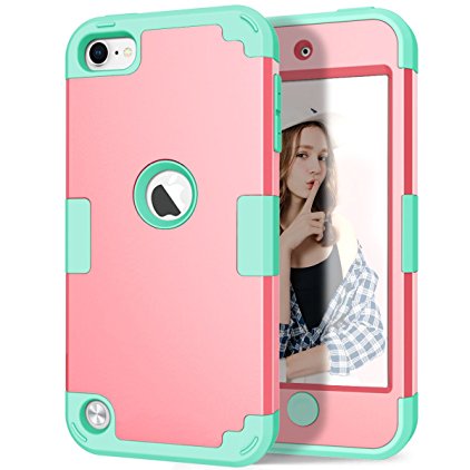 iPod 5 Case, iPod 6 Case, Hocase Sandwich Series Heavy Duty Shockproof Hybrid Hard PC Silicone Rubber Protective Case for iPod touch 5th/6th Generation - Light Pink / Aqua