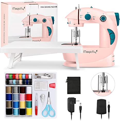 Magicfly Mini Sewing Machine with Extension Table, Dual Speed Portable Sewing Machine for Beginner with Light, Sewing Kit for Kids, Household, Pink