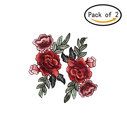 SUSHAFEN 2 Pcs Rose Flower Sew On Patch Floral Embroidered Applique Patches for Dress, T-shirt, Shoes,Coat