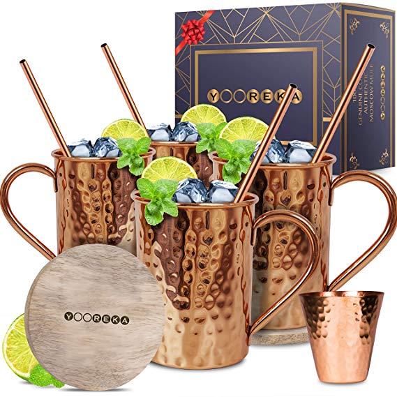 Moscow Mule Copper Mugs Set :4 16 oz. Solid Genuine Copper Mugs : Cylindrical Shape : Handmade in India, 4 Straws, 4 Wood Coasters, Shot Glass : Comes in Elegant Gift Box, by Yooreka