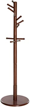 VASAGLE Coat Rack, Free Standing Coat Tree with 11 Hooks, Solid Rubberwood Pole, Round Base, for Clothes, Hats, Bags, Dark Walnut URCR08WN