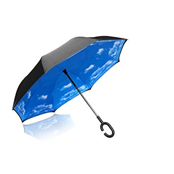 IFLYING Unique Windproof Reverse Folding Double Layer Inverted Umbrella, Self Standing for Car Rain Protection C Shape Handle