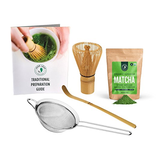 Jade Leaf - Traditional Matcha Starter Set - Organic Ceremonial Grade Matcha Green Tea Powder, Bamboo Whisk (Chasen), Bamboo Scoop (Chashaku), Stainless Steel Sifter, Preparation Guide