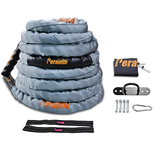 Perantlb 100% Poly Dacron Heavy Battle Rope - 1.5"/2" Diameter, 30' 40' 50' Lengths - Upgraded Durable Protective Sleeve - Gym Muscle Workout Fitness Power Rope- Anchor Strap Kit Included