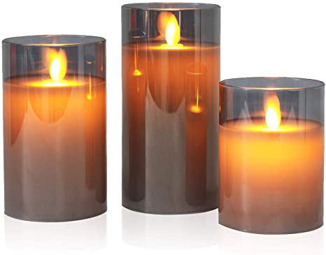Gray Glass Flameless Candles Flickering with Moving Flame, Battery Operated Led Candles with Timer, Batteries Included - Set of 3
