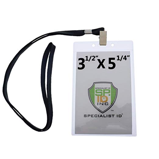10 Pack - Clear Vertical Large (3 1/2 x 5 1/4 Insert) Credential ID Badge Holders with Premium Quality Lanyards by Specialist ID (4x6 Outside) (Black)